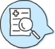 Magnifying glass over medical forms. Failure to warn/inform icon