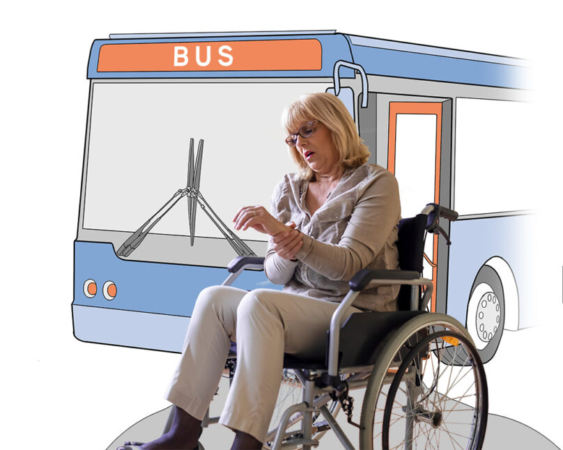 Woman Injured in Bus Accident Seeking Compensation - Graphic Illustration