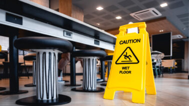 Restaurant With A Wet Floor Sign To Prevent Slip And Fall Accidents