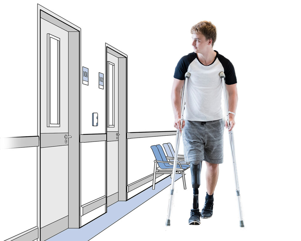 Amputee walking through a hospital seeking compensation.