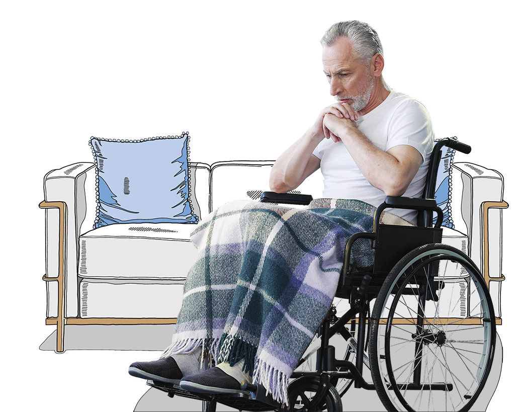 Man in a wheelchair suffering from cauda equina due to medical negligence seeking compensation.